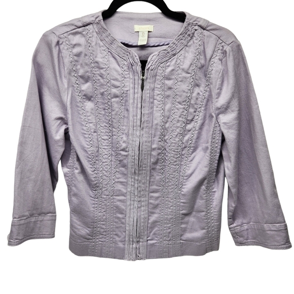 Chico's Denim Jacket Full Zip Ruffle Embroidered Lavender, Size Small - Picture 1 of 16